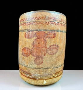 Antique Mayan Cylinder Vessel Polychrome With Painted Glyphs And Bands: MAYAN POLYCHROME CYLINDER, c. 6th-8th century AD. The cylinder painted with 3 large identical glyphs between red and black bands separated by registers of red hatch marks on the exterior; burnished ov