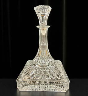 Heavy Vintage Crystal Ship's Decanter: Massive and heavy crystal ship’s decanter. Measures 13" tall and 8.5" wide. Small chip to stem of stopper. Please READ & REVIEW our Terms and Conditions before bidding, payment, shipping and other s