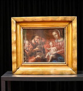 17th Oil On Canvas Continental School Painting Of Madonna And Child: 17th-century work by the Continental School, depicting the "Madonna and Child receiving Gifts". Measures 14" x 12.5" overall. Please READ & REVIEW our Terms and Conditions before bidding, payment,