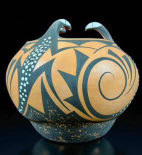 Zuni Pueblo Pottery Wedding Vessel, Avelia and Anderson Peynetsa: Avelia and Anderson Peynetsa, Zuni Pueblo pottery wedding vessel. Measures 7.5" tall and 8" wide. Excellent condition. Please READ & REVIEW our Terms and Conditions before bidding, payment, shipping a