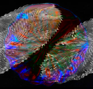 Large Aart Glass Charger Signed James Nowak: James Nowak (b.1956 Oregon) large 17" across ruffled iridescent art glass platter / bowl. Signed on underside. Excellent condition. Please READ & REVIEW our Terms and Conditions before bidding, paymen