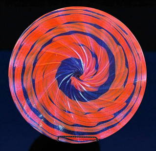 Large Art Glass Charger Signed James Nowak: James Nowak (b.1956 Oregon) large 18" across ruffled iridescent art glass platter / bowl. Signed on underside. Excellent condition. Please READ & REVIEW our Terms and Conditions before bidding, paymen