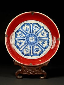 Antique Chinese Flambé And Underglazed Blue And White Shallow Bowl With Marks