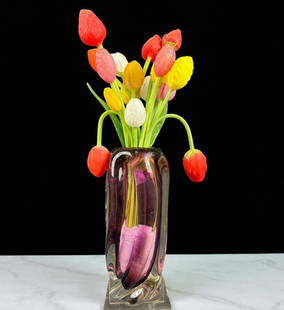 Amazing Art Deco Hand Blown Art Glass Tulip Flowers Ca 1920 in Murano Vase: Amazing German Art Deco Hand Blown Art Glass Tulip Flowers Ca 1920. Many glass stems are marked Germany all arranged within an amethyst Murano glass vase. Overall 18" tall, includes 18 tulip stems and