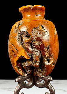 A Very Fine Hardwood Carved Root In A Vase Form, Rare And Unique: Rarest form hardwood root carving in the form of a vase with original insert. Wonderful carving of naturalistic hardwood root. Measures 12" tall overall. Please READ & REVIEW our Terms and Conditions