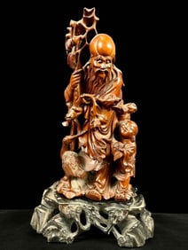 Masterfully Carved Chinese Boxwood Sage With A Young Child & A Bird 19th C