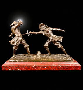 French Artist Edouard Drouot 1859-1945 Original Bronze Figure "STRUGGLE FOR LIFE": Original bronze sculpture titled "Lutte Pour La Vie" (Struggle for Life) by the French artist Edouard Drouot (1859-1945). This dynamic sculpture depicts two figures engaged in a sword fight, capturing