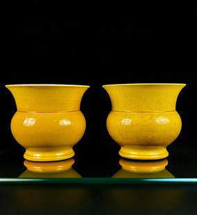 Pair of Chinese Imperial Yellow Glazed Pots With Marks: Pair of Chinese antique yellow glazed porcelain cache pots. Marked underside. Stand 5,75" and 5" wide each. Excellent condition. Please READ & REVIEW our Terms and Conditions before bidding, payment,