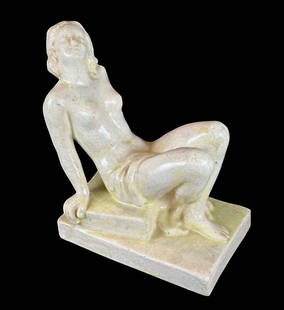 1930 French Art Deco Figure Titled "FEMME ASSISE" Crackle Glaze Finish: Art Deco French ceramic sculpture titled "Femme Assise" (Seated Woman) by L&V Ceram. circa 1930. French ceramic sculpture with a craquelé (crackle-glaze) finish, characteristic of the Art Deco period