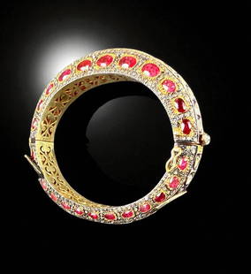 A Fine And Amazing Antique Kada Mughal Diamond With Rubies Bracelet Gold Over Silver: **DUE TO THIS LOT BEING JEWELRY IT MUST BE PAID VIA BANK WIRE TRANSFER OR CERTIFIED CHECK.** Extraordinary and rare antique Kada gold over silver mughal Indian bracelet covered in diamond and full cut