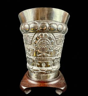 Large Peruvian Or South American Sterling Silver Ice Bucket Or Wine Cooler: **DUE TO THIS LOT BEING SILVER IT MUST BE PAID VIA BANK WIRE TRANSFER OR CERTIFIED CHECK.** Large Peruvian or South American sterling silver ice bucket or wine cooler. Measures 9" tall overall and 7"