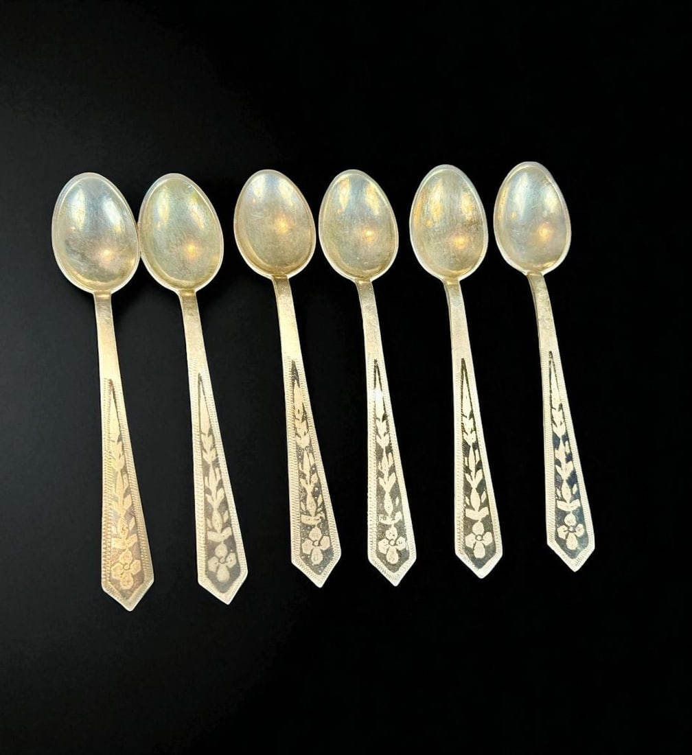 Russian Antique Nielo Sterling Silver Spoon Set Of 6, Total Weight 83 Grams (1 of 4)