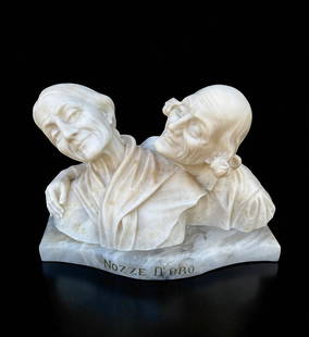 Antique Carved Italian Florence School Marble Figure Ca. 1900: Antique masterfully carved Italian Florence school carera marble double figure depicting an eleeemy living couple on their golden Anniversary circa 1900. Excellent condition. Measures 19" wide and 12"