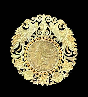 Extremely Rare U.S $20 Gold Coin Dated 1901, 60 Grams, Ca. 1910: **DUE TO THIS LOT BEING GOLD IT MUST BE PAID VIA BANK WIRE TRANSFER OR CERTIFIED CHECK.** Extremely rare $20 USA gold coin dated 1901, embellished with 22k gold around. Circa 1910 most likely done by