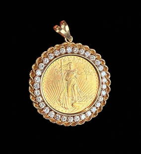 Rare St. Gaudens Full Ounce Gold Coin Pendant With Diamonds: **DUE TO THIS LOT BEING GOLD IT MUST BE PAID VIA BANK WIRE TRANSFER OR CERTIFIED CHECK.** St. Gaudens full ounce gold coin pendant embellished with approximately 5 carats of full cut high quality diam