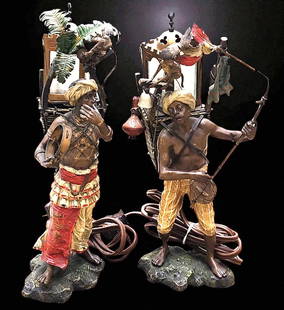 Pair Of Antique Cold Painted Franz Xaiver Bergman Orientalist Bronze Figural Lamps: Franz Xaiver Bergman (1861-1936)-Pair of Bergman Cold Painted Vienna Orientalist Bronze Signed N Greb (Namgreb). Mark real Vienna bronze with the foundry medal along with the Bergman Mark. Measures 10