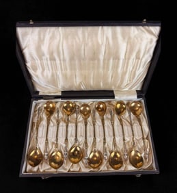 Set of 12 Magnificent Boxed Sterling Gold Washed Spoons With Ram's Hoof Handles