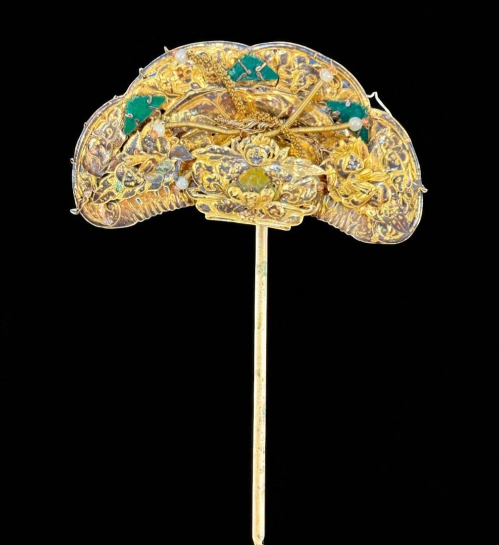Chinese Qing Dynasty Gold Washed Over Silver Court Attendant Ladies Hair Pin With Jade (1 of 12)
