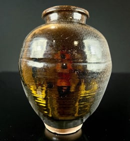 Large Chinese Yuan To Ming Dynasty Black Glazed Pot With Russet Hares Fur Glazed Rim