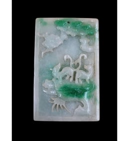 Antique Chinese Jadeite Plaque Depicting Two Animals In High Relief