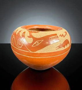 Alfred (Sa-Wa-Pin) Aguilar Native American Southwest San Ildefonso Pueblo Sgraffito Redware Pot: Alfred (Sa-Wa-Pin) Aguilar Native American Southwest San Ildefonso Pueblo Sgraffito Redware Pot. Measures 3.75” x 3”. Excellent condition. Please READ & REVIEW our Terms and Conditions bef
