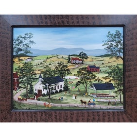Signed And Dated American Artist Mary Ann Vessey Oil On Board Painting, "The Annual Church Picnic"