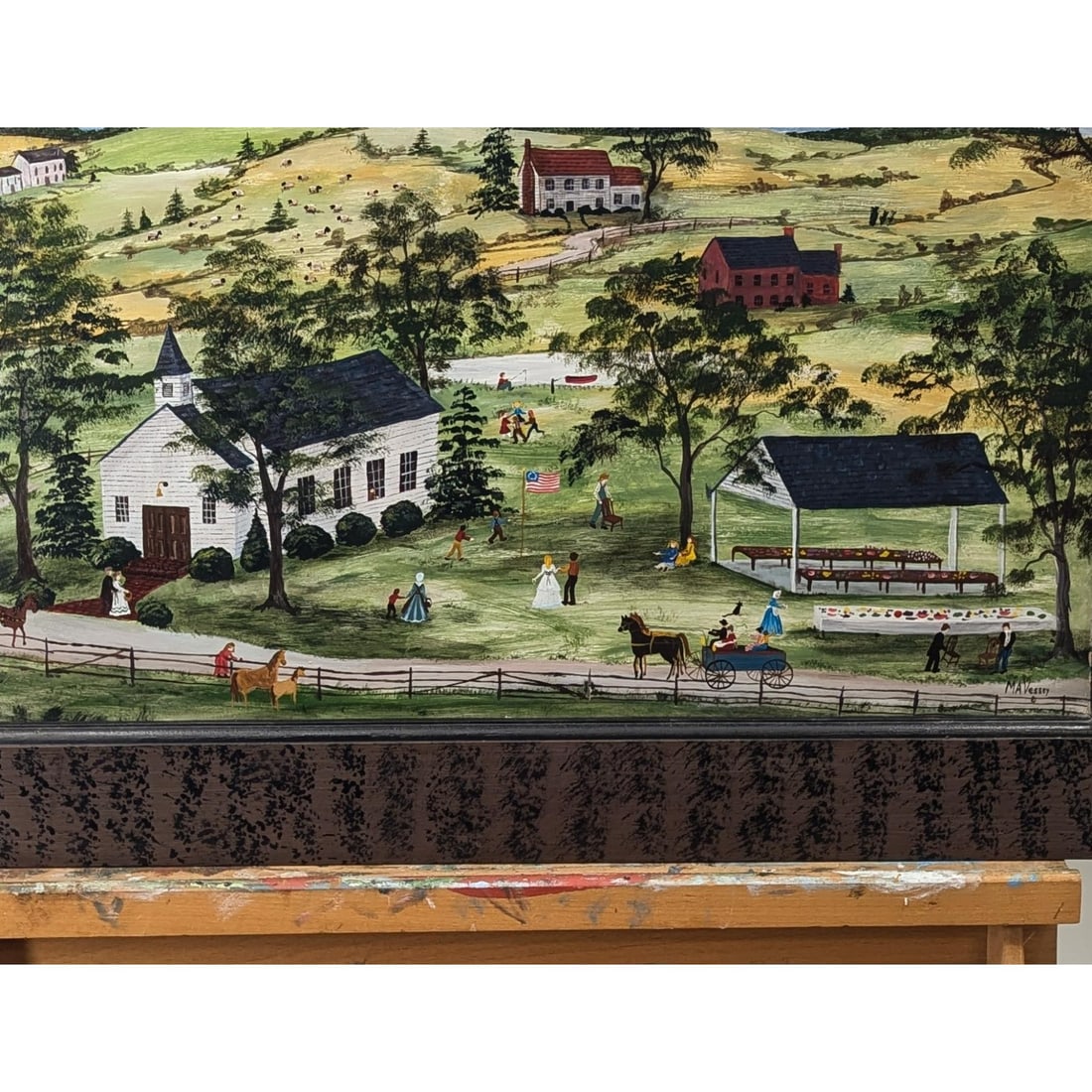 Signed And Dated American Artist Mary Ann Vessey Oil On Board Painting, "The Annual Church Picnic": Signed And Dated American Artist Mary Ann Vessey Oil On Board Painting, "The Annual Church Picnic", 1986. Measures approx. 23" X 29", Sight measures approx. 18" X 24". Please copy and past