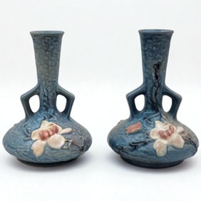 Pair Of Roseville Pottery "Magnolia" Bud Vases In Blue