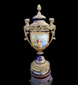 Antique 19th C Signed Sevres Covered Porcelain Urn Mounted On Bronze