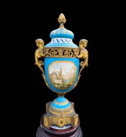 Antique 19th C Signed Sevres Covered Porcelain Urn Mounted On Bronze