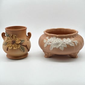 Pair Of Vintage Weller Peach Pottery Pieces, Double Handled Vase And Cameo Footed Planter