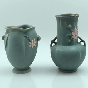 Pair Of Vintage Weller Turquoise Pottery Vases, Wild Rose Double Handled And Floral Vase