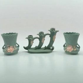 Lot Of 3 Vintage Weller Pottery Pieces, A Pair Of Turquoise Wild Rose Vases And Triple Candle Holder