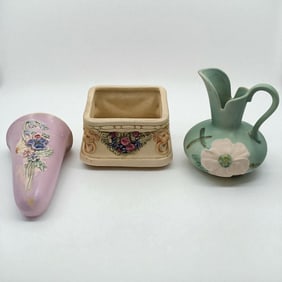 Lot Of 3 Vintage Weller Pottery Pieces, A Pitcher, Wall Pocket, And Square Planter
