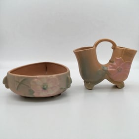 Pair Of Vintage Weller Pottery Pieces, Peach Wild Rose Double Vase And Triangular Bowl