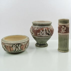 Lot Of 3 Vintage Roseville Donatello Pottery Pieces, Jardiniere, Vase, And Bowl