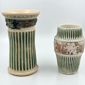 Pair Of Vintage Roseville Pottery Pieces, Corinthian Flared Vase And A Donatello Pattern Vase