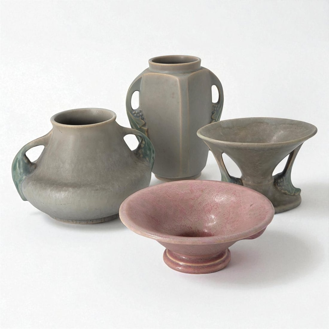 Lot Of 4 Roseville Pottery "Tuscany" Vases: Lot Of 4 Roseville Pottery "Tuscany" Vases. Each measures approximately 6" x 7-1/4" and 6" x 8" and 4" x 6-1/2" and 7" x 2-1/2" Please copy and paste the URL link below to review our Terms