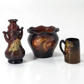 Lot Of 3 Unmarked Assorted Vase, Mug, & Jardinière Possibly Owens / Weller?