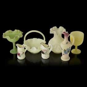 Grouping Of Assorted Art Pottery/Glass Vases FENTON & Others In Key Lime, 7 Pieces