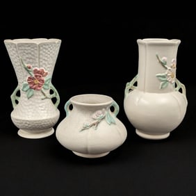 Lot Of 3 Vintage Weller Pottery Vases, Bouquet Line, Wild Rose, And Delsa