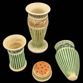 Lot Of 4 Vintage Roseville Pottery Pieces, Two Vases, A Wall Pocket, And A Flower Frog