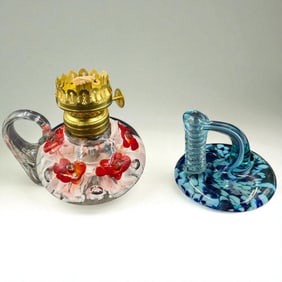 Pair Of Vintage Hand Blown Art Glass Pieces, Blown Glass Pen Holder And Oil Lamp