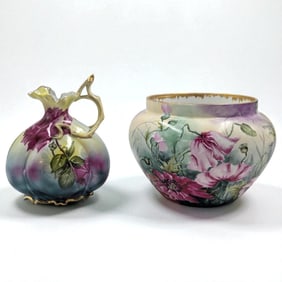 Vintage Limoges Peony Jardiniere And Japanese Nippon Floral Pitcher
