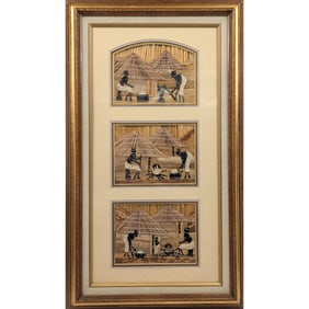 Vintage East African Banana Fiber Three-Piece Cottage Scene, Signed K. Newton, Likely Uganda