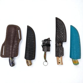 5Pc Hand Made Damascus Steel Knives And Sheathes