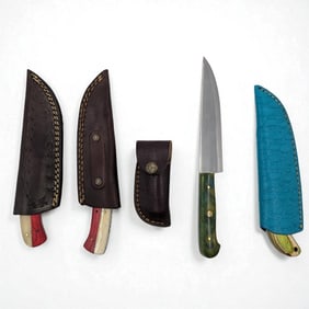 5Pc Hand Made Damascus Steel Knives And Sheathes