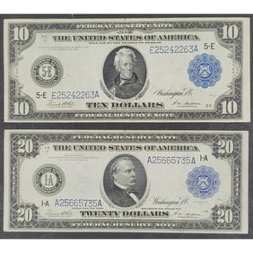 1914 Series $20 1-A And 1914 Series $10 5-E Federal Reserve Notes