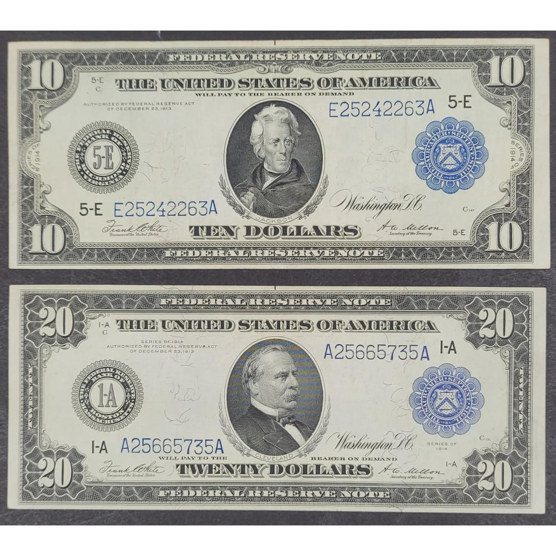 1914 Series $20 1-A And 1914 Series $10 5-E Federal Reserve Notes: **THIS LOT CAN NOT BE SHIPPED TO MEXICO OR CHINA** 1914 Series $20 1-A And 1914 Series $10 5-E Federal Reserve Notes. Measures approx. 7.5" X 3" each Please copy and paste the URL li
