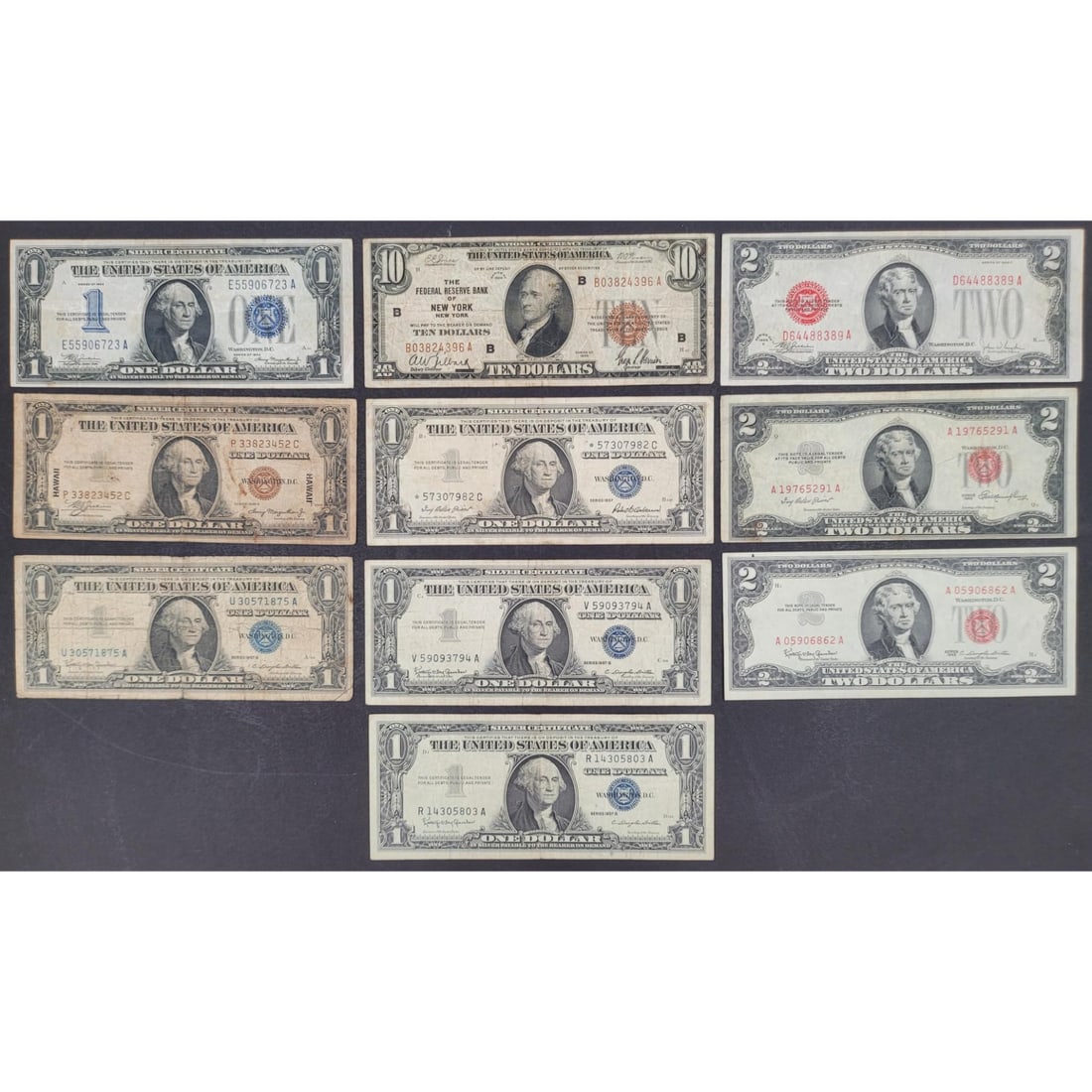Collection Of 10, 1928 To 1963 Series $1, $2, $10 Silver Certificates And Notes: **THIS LOT CAN NOT BE SHIPPED TO MEXICO OR CHINA** Collection Of 10, 1928 To 1963 Series $1, $2, $10 Silver Certificates And Notes. Measures approx 6.25" X 2.5" each Please copy and